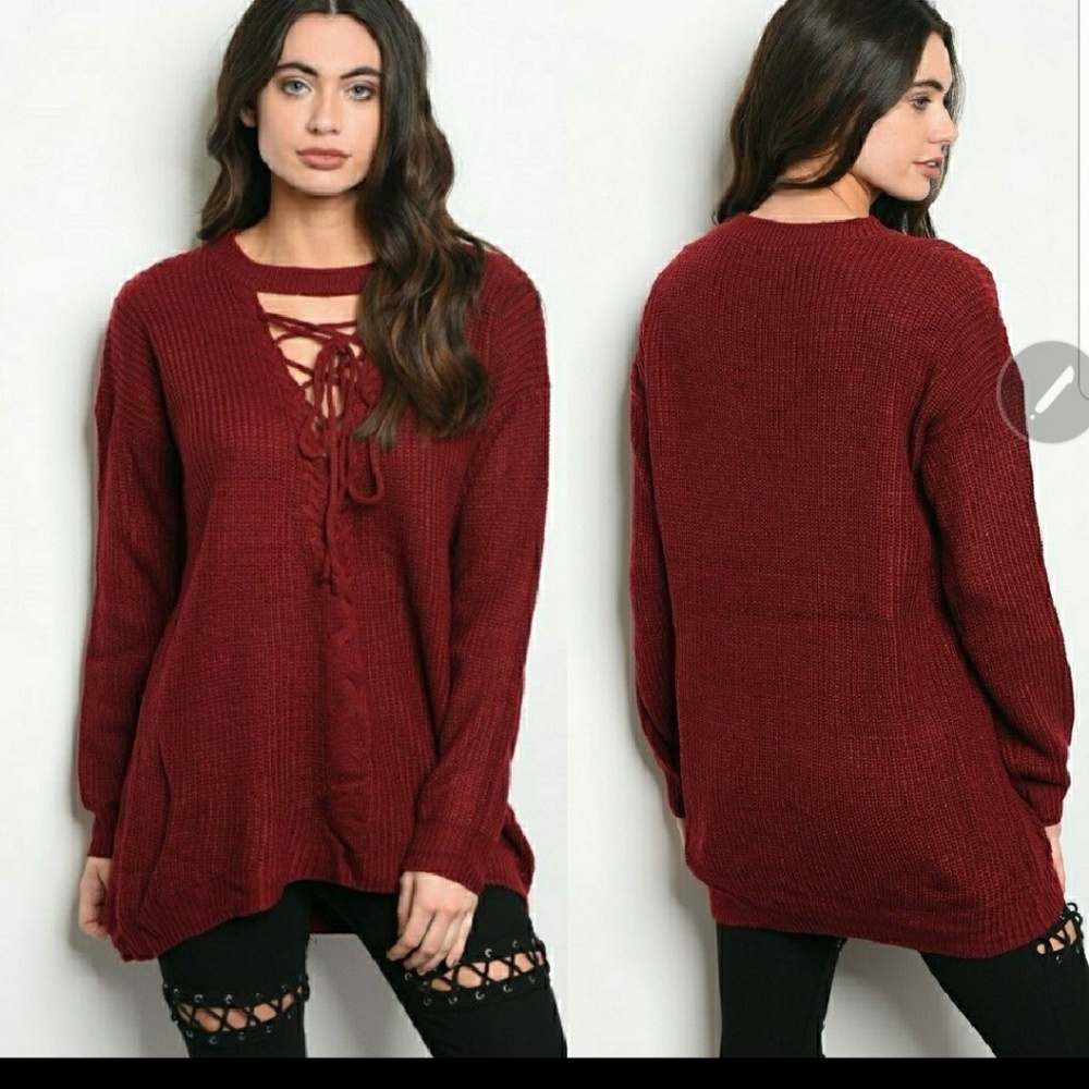 Tantalyzn Apparel Burgundy Lace-Up Sweater - Picture 3 of 4